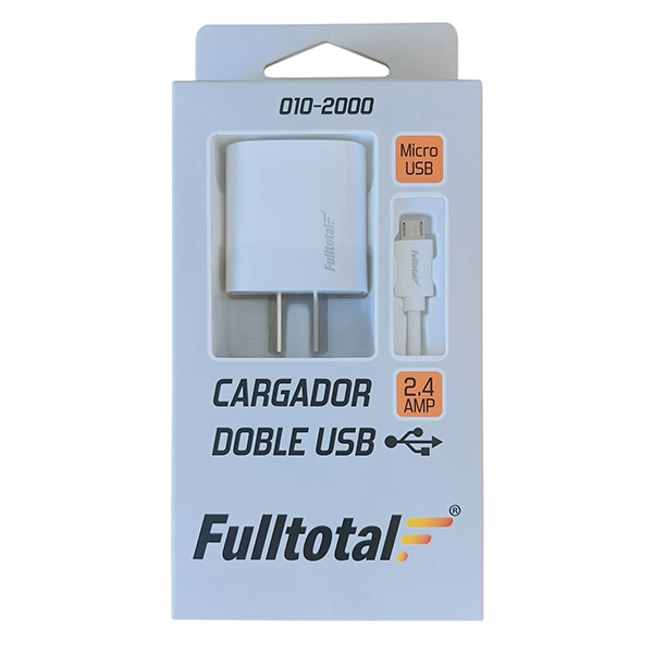 CARGADOR DOBLE USB 2.4AMP 220V C/CABLE USB A MICRO USB