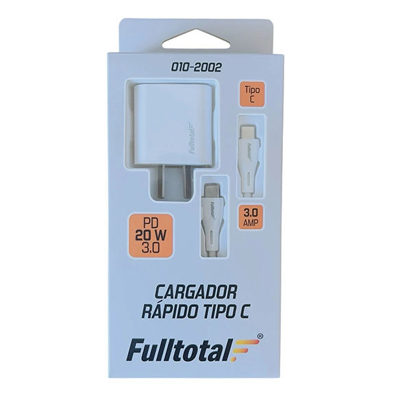 CARGADOR RAPIDO 3.0 AMP TYPE C A 220V PD 20W C/CABLE TYPE C A TYPE C