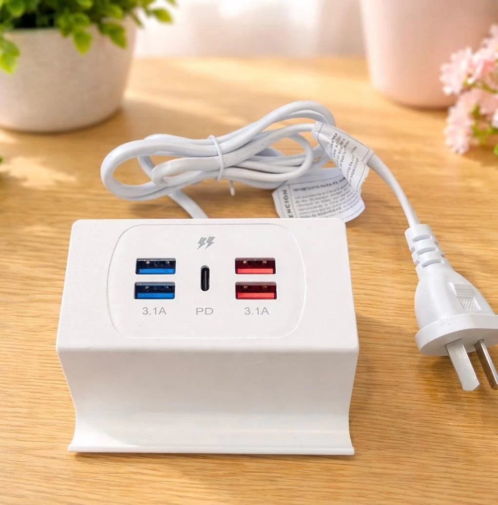 ZAPATILLA 220V DE 4 PUERTOS USB + 1 USB TIPO C CON SOPORTE
